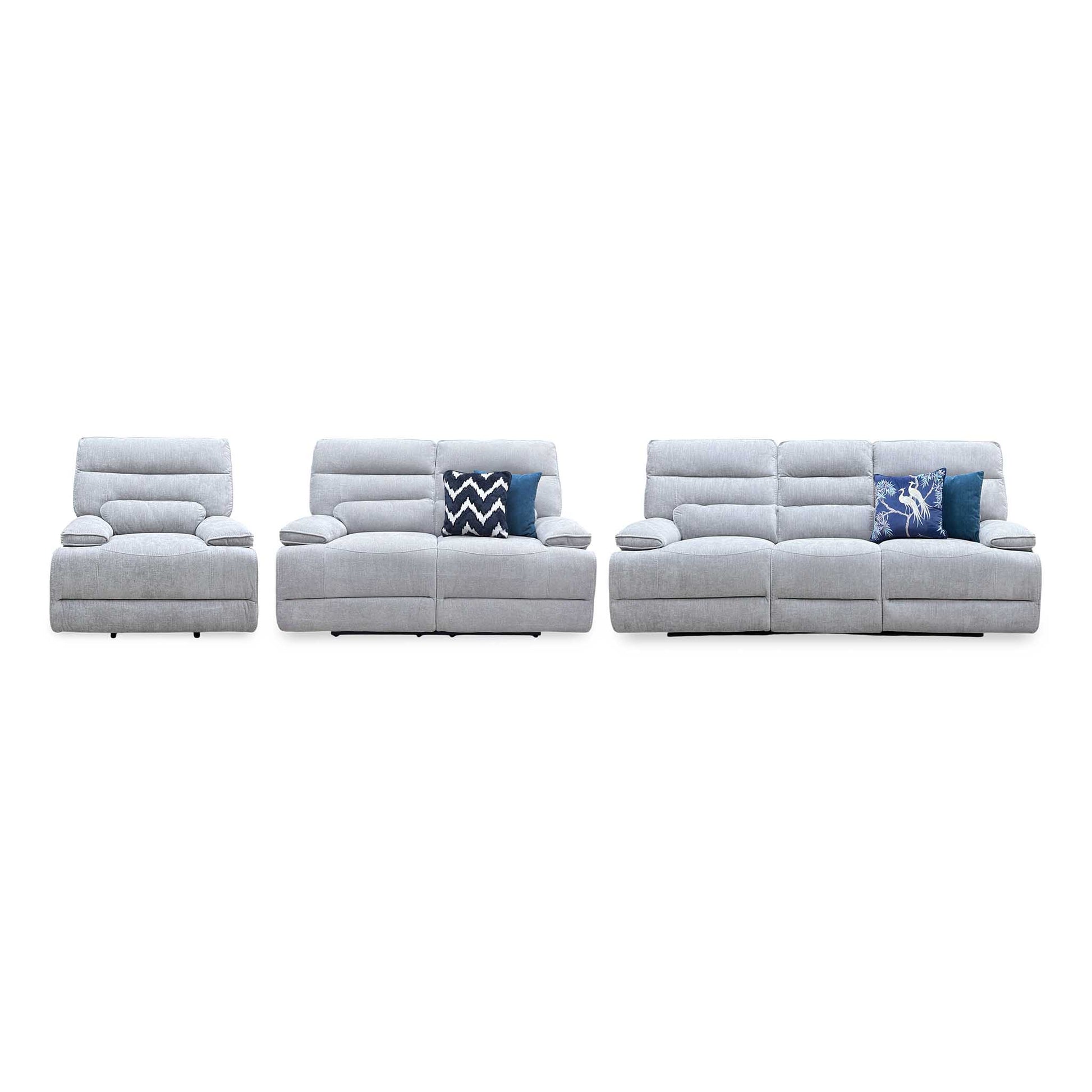 ‘Olivia’ Grey Fabric Manual Recliner Set: 3 + 2 Seater Sofa & Armchair Thornbrook (a Joseph James brand)