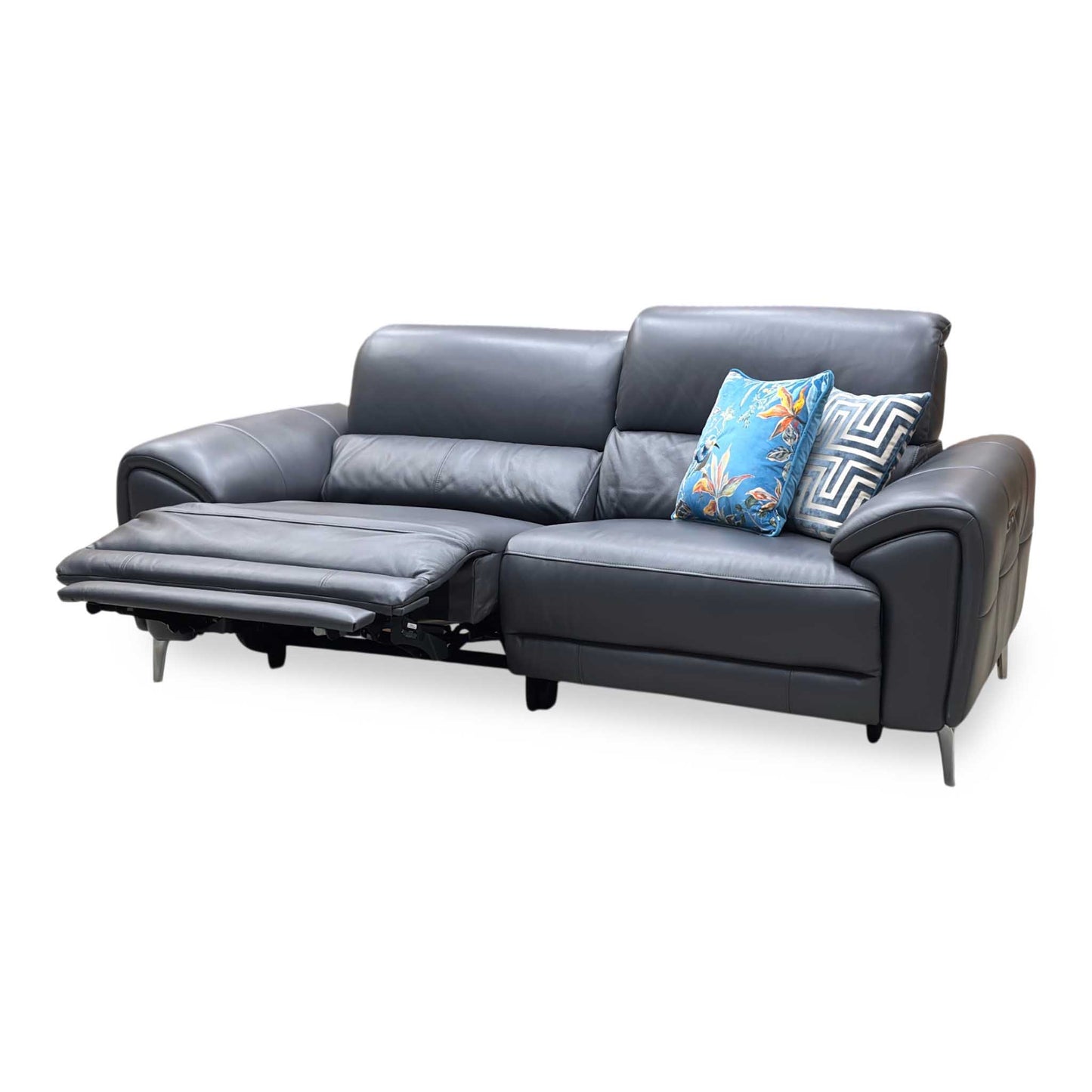 ‘Vino’ Cat-60_18 Lavender Grey Leather 3 Seater Power Recliner Sofa with Power Headrests and Heated Seats Furniture Village