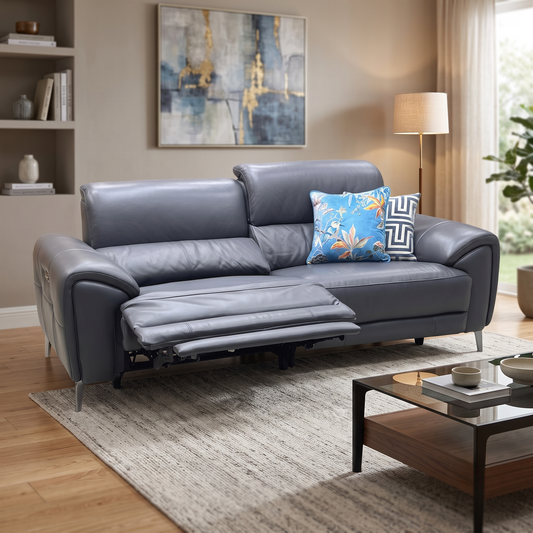 ‘Vino’ Cat-60_18 Lavender Grey Leather 3 Seater Power Recliner Sofa with Power Headrests and Heated Seats Furniture Village