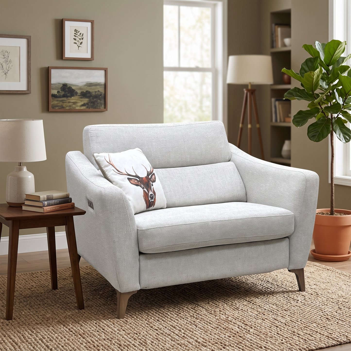 ‘Moderna’ Blr Sand Sw Woven Fabric Power Recliner Snuggler with Power Telescopic Headrest Furniture Village