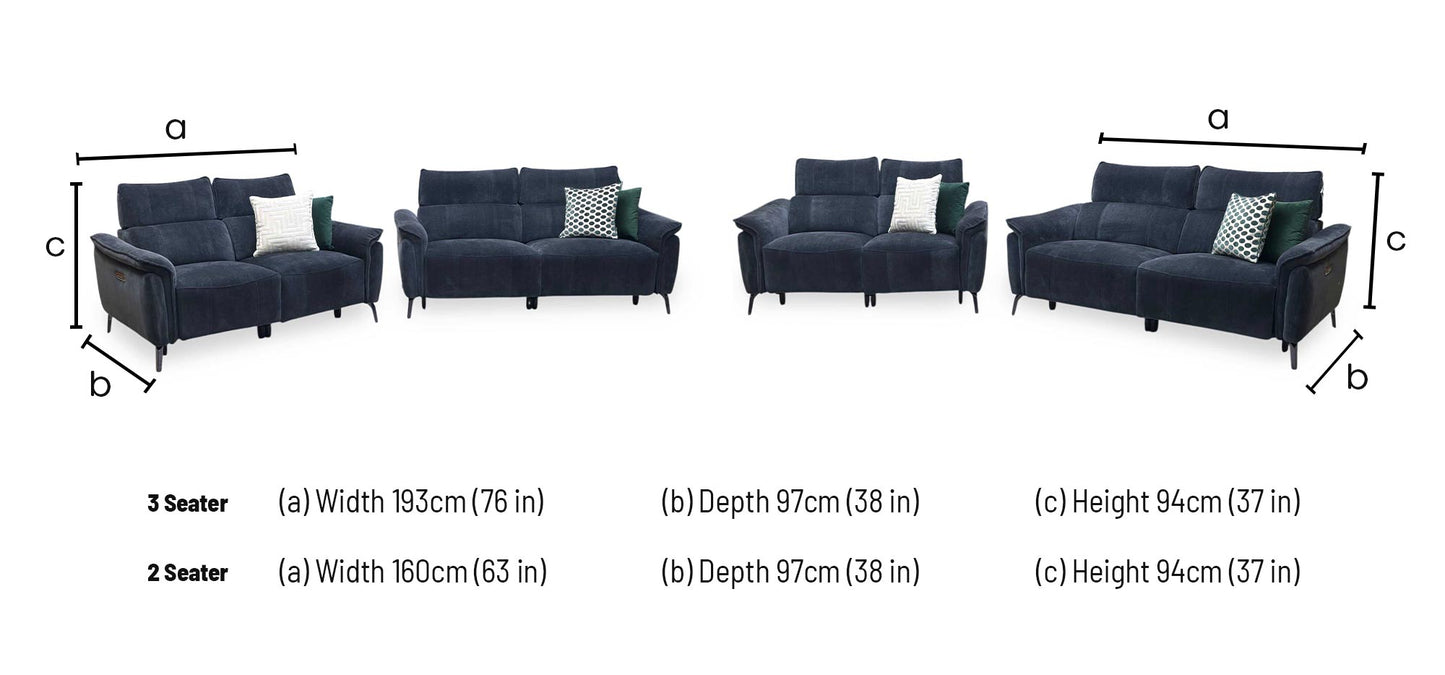'Jude’ Manhattan Indigo Fabric 3 + 2 Seater Power Recliner Sofa Set with Power Headrests and Power Lumbar Furniture Village