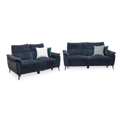 'Jude’ Manhattan Indigo Fabric 3 + 2 Seater Power Recliner Sofa Set with Power Headrests and Power Lumbar Furniture Village