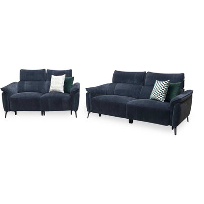 'Jude’ Manhattan Indigo Fabric 3 + 2 Seater Power Recliner Sofa Set with Power Headrests and Power Lumbar Furniture Village