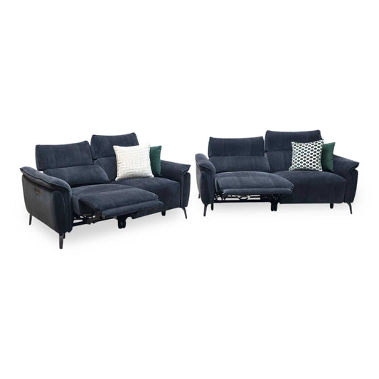 'Jude’ Manhattan Indigo Fabric 3 + 2 Seater Power Recliner Sofa Set with Power Headrests and Power Lumbar Furniture Village