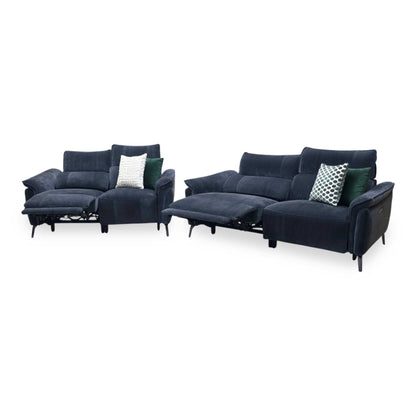'Jude’ Manhattan Indigo Fabric 3 + 2 Seater Power Recliner Sofa Set with Power Headrests and Power Lumbar Furniture Village