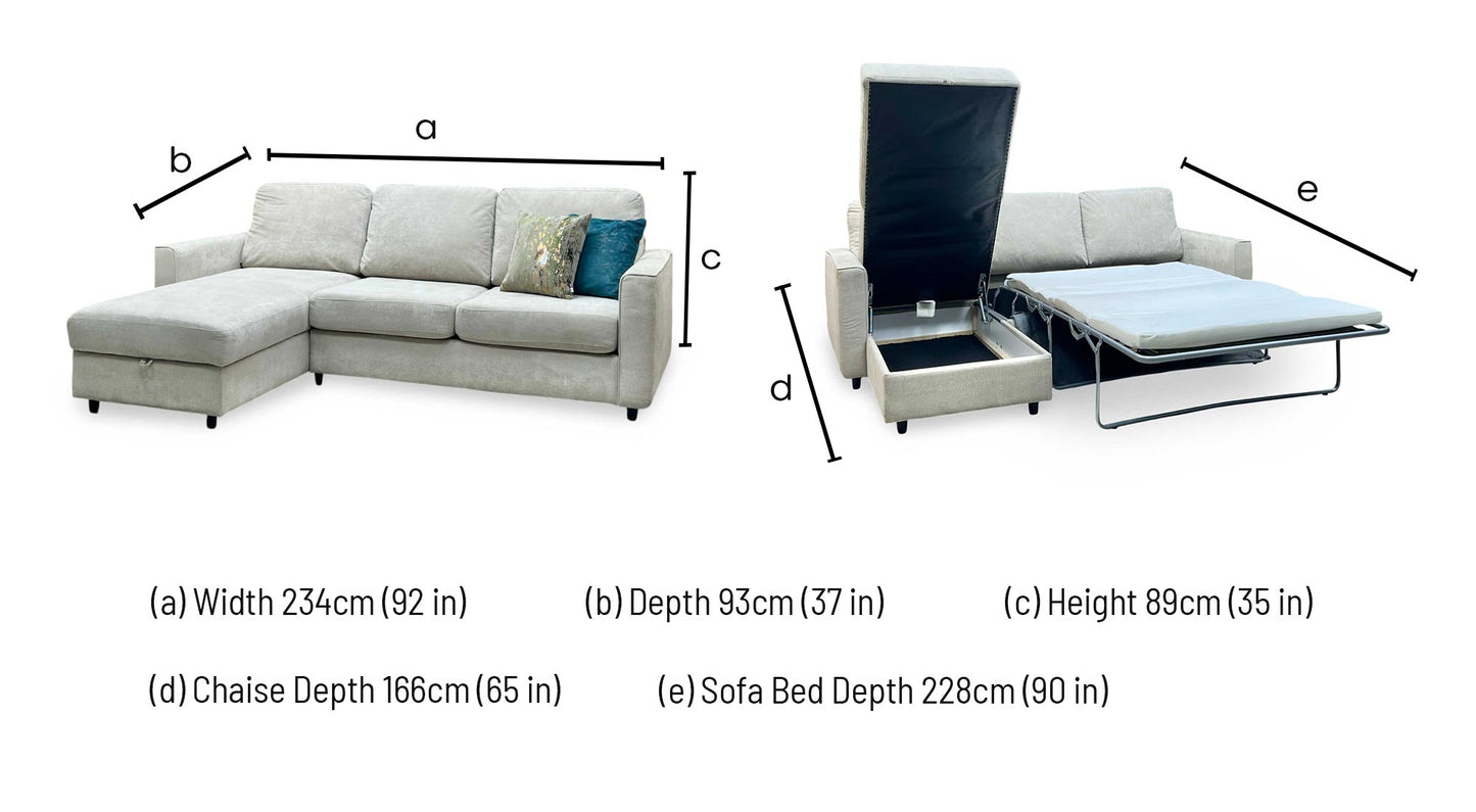‘Esprit’ Silver Ebony Feet Fabric Left Hand Facing Sofa Bed with Storage Chaise Furniture Village