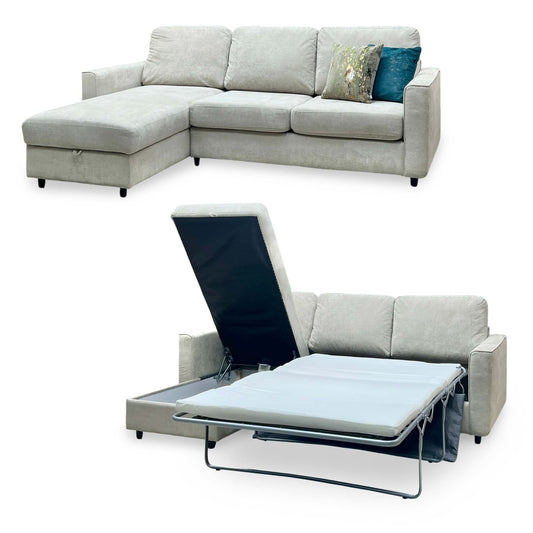 ‘Esprit’ Silver Ebony Feet Fabric Left Hand Facing Sofa Bed with Storage Chaise Furniture Village
