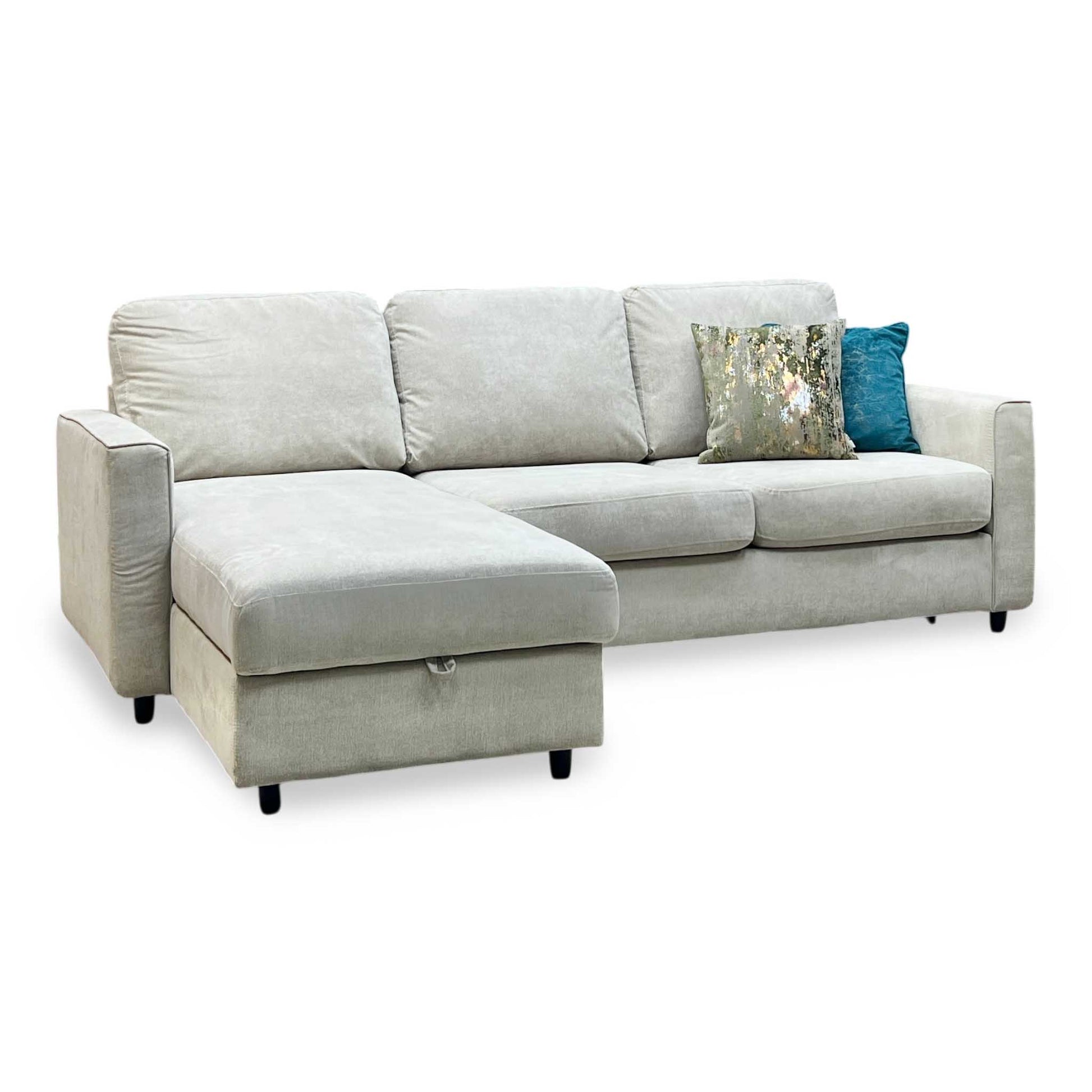 ‘Esprit’ Silver Ebony Feet Fabric Left Hand Facing Sofa Bed with Storage Chaise Furniture Village