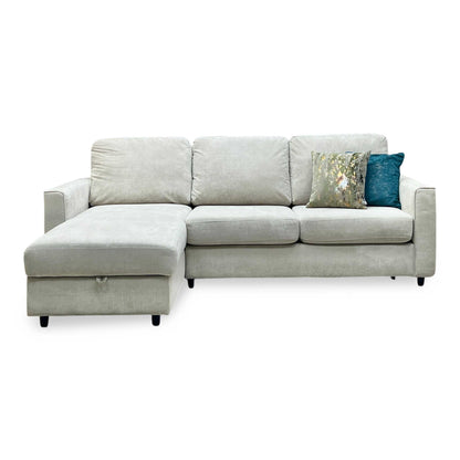 ‘Esprit’ Silver Ebony Feet Fabric Left Hand Facing Sofa Bed with Storage Chaise Furniture Village