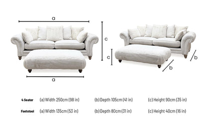 ‘Blenheim’ Darwin Ivory Fabric 4 Seater Scatter Back Sofa + Large Fur Footstool