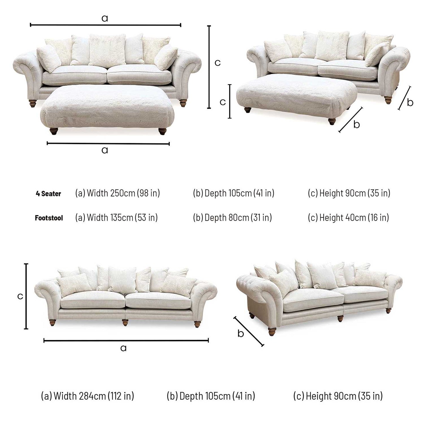 ‘Blenheim’ Darwin Ivory Fabric 4 + 4 Seater Scatter Back Sofa + Large Fur Footstool