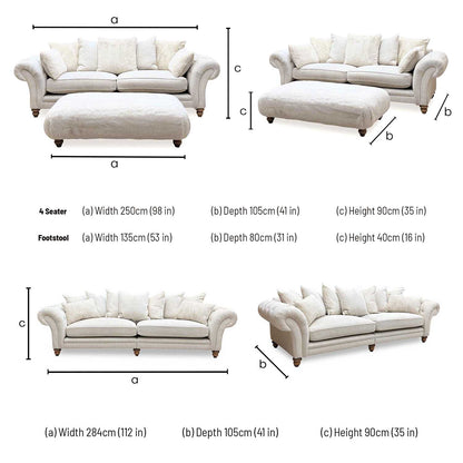 ‘Blenheim’ Darwin Ivory Fabric 4 + 4 Seater Scatter Back Sofa + Large Fur Footstool