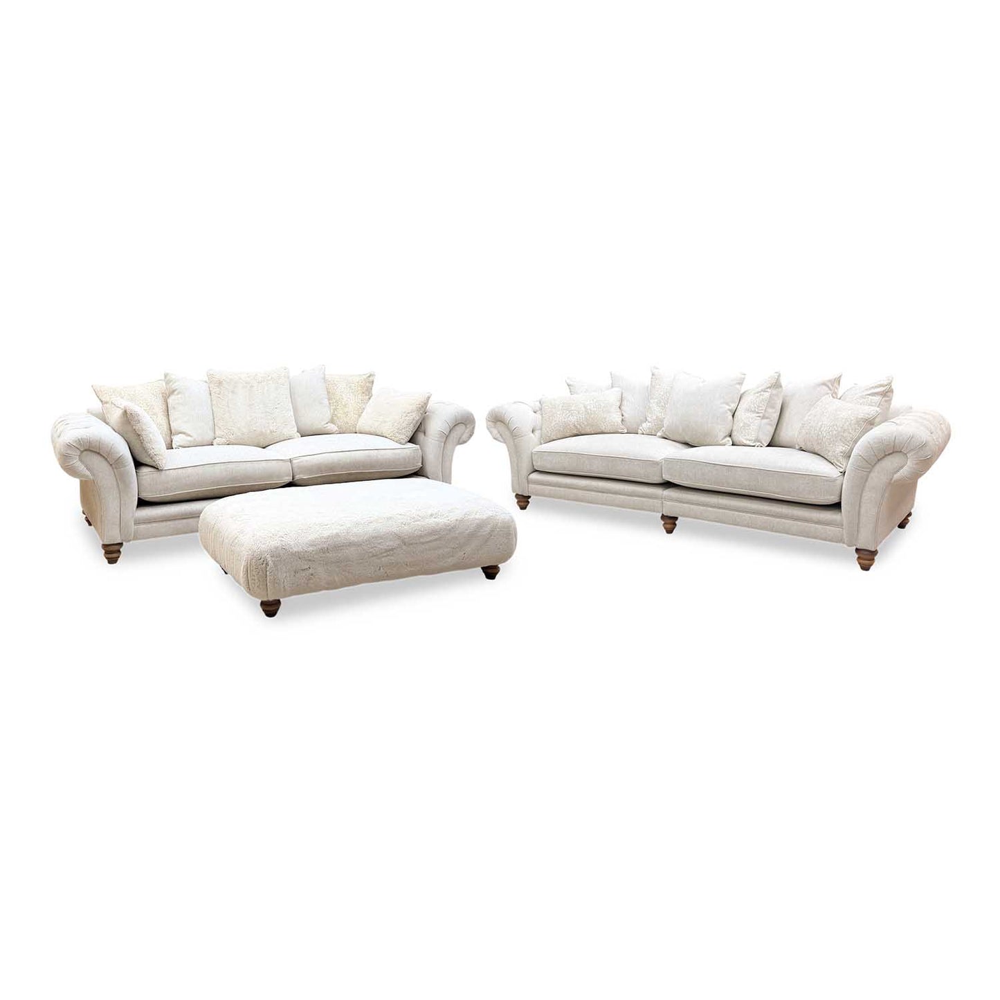 ‘Blenheim’ Darwin Ivory Fabric 4 + 4 Seater Scatter Back Sofa + Large Fur Footstool