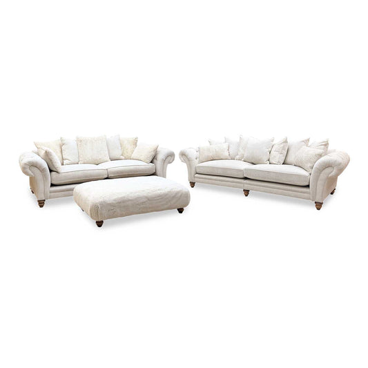 ‘Blenheim’ Darwin Ivory Fabric 4 + 4 Seater Scatter Back Sofa + Large Fur Footstool