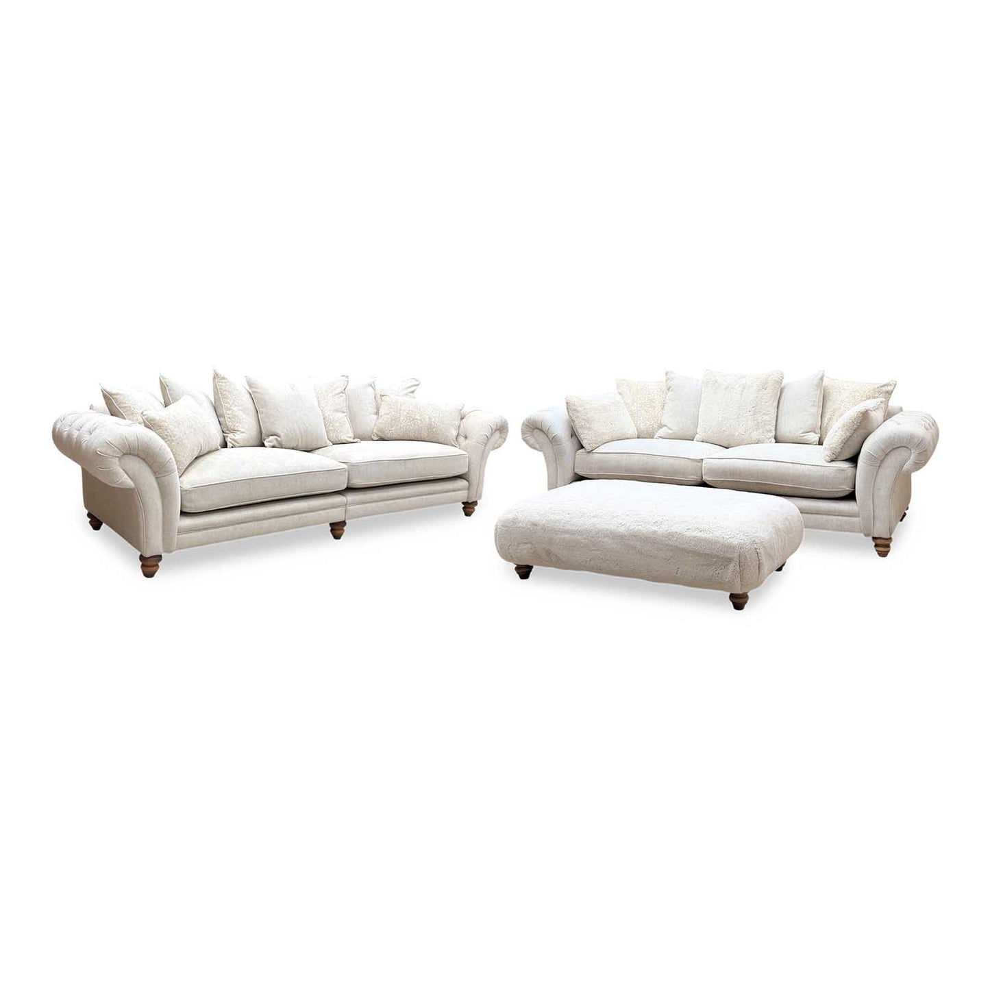 ‘Blenheim’ Darwin Ivory Fabric 4 + 4 Seater Scatter Back Sofa + Large Fur Footstool