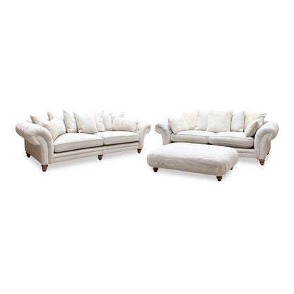 ‘Blenheim’ Darwin Ivory Fabric 4 + 4 Seater Scatter Back Sofa + Large Fur Footstool