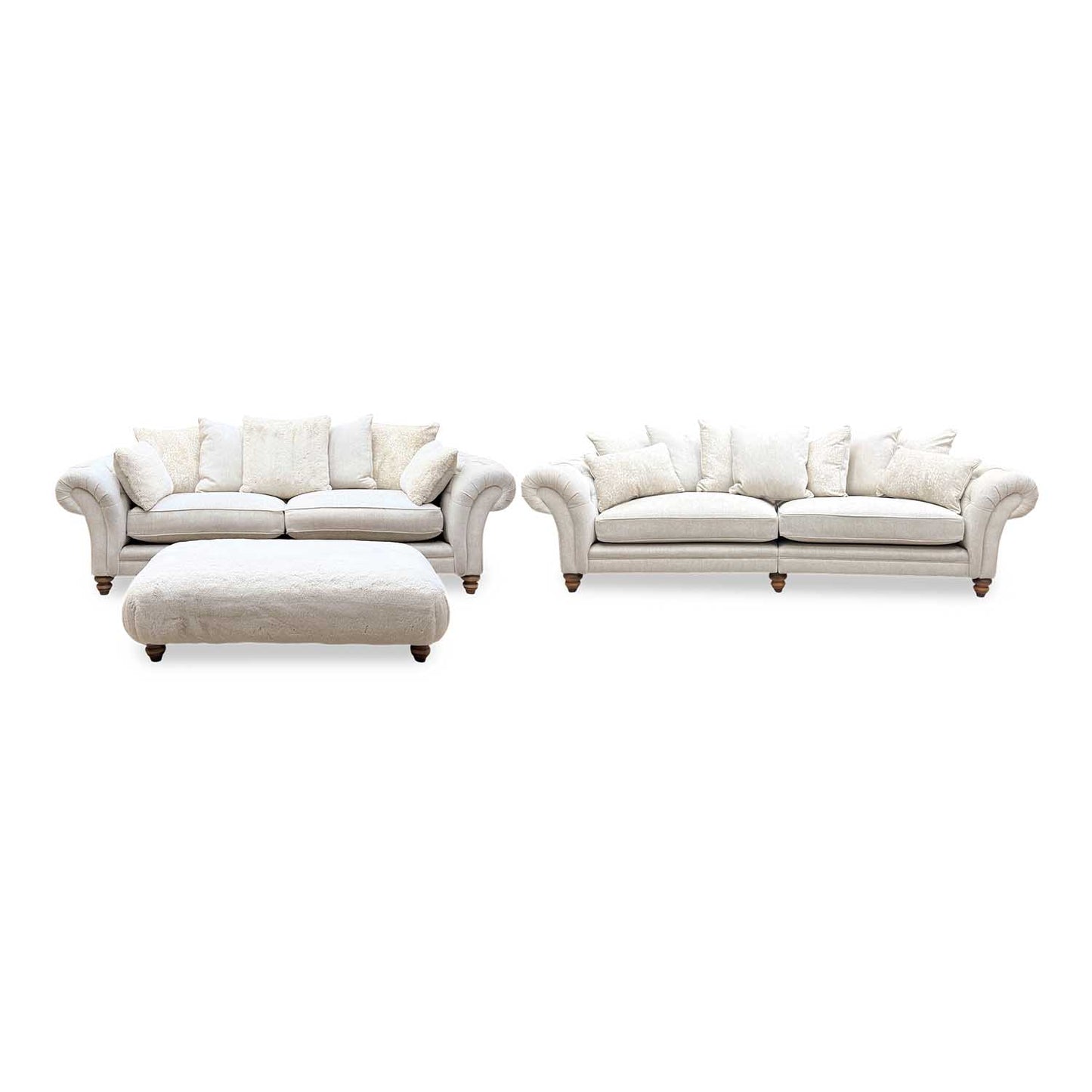 ‘Blenheim’ Darwin Ivory Fabric 4 + 4 Seater Scatter Back Sofa + Large Fur Footstool