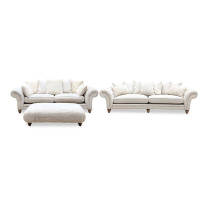 ‘Blenheim’ Darwin Ivory Fabric 4 + 4 Seater Scatter Back Sofa + Large Fur Footstool