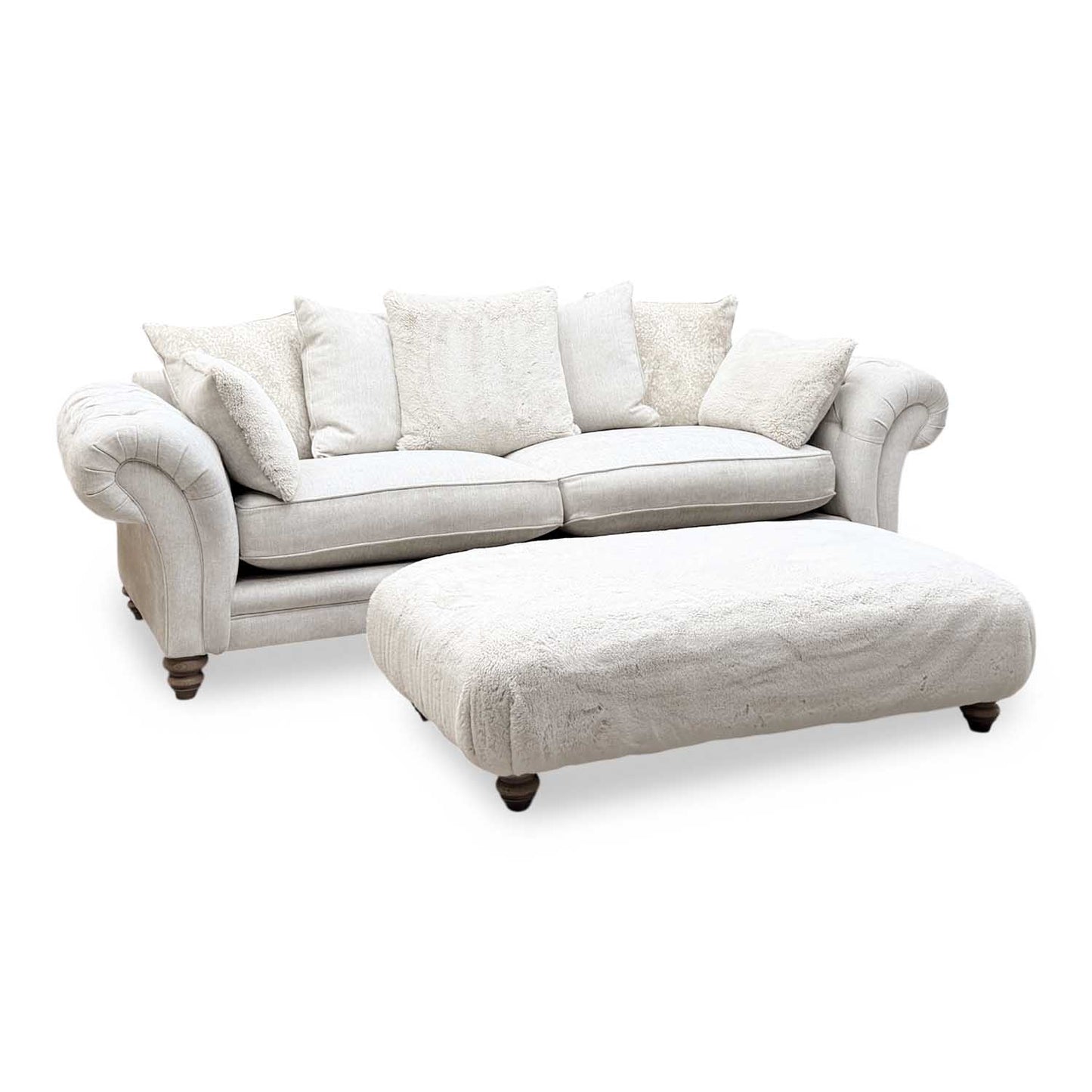 ‘Blenheim’ Darwin Ivory Fabric 4 Seater Scatter Back Sofa + Large Fur Footstool