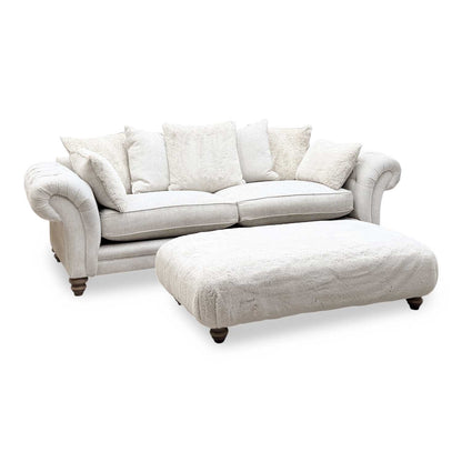 ‘Blenheim’ Darwin Ivory Fabric 4 Seater Scatter Back Sofa + Large Fur Footstool