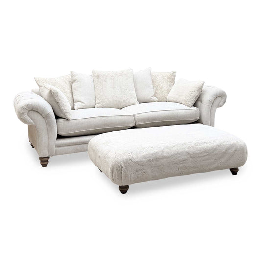‘Blenheim’ Darwin Ivory Fabric 4 Seater Scatter Back Sofa + Large Fur Footstool