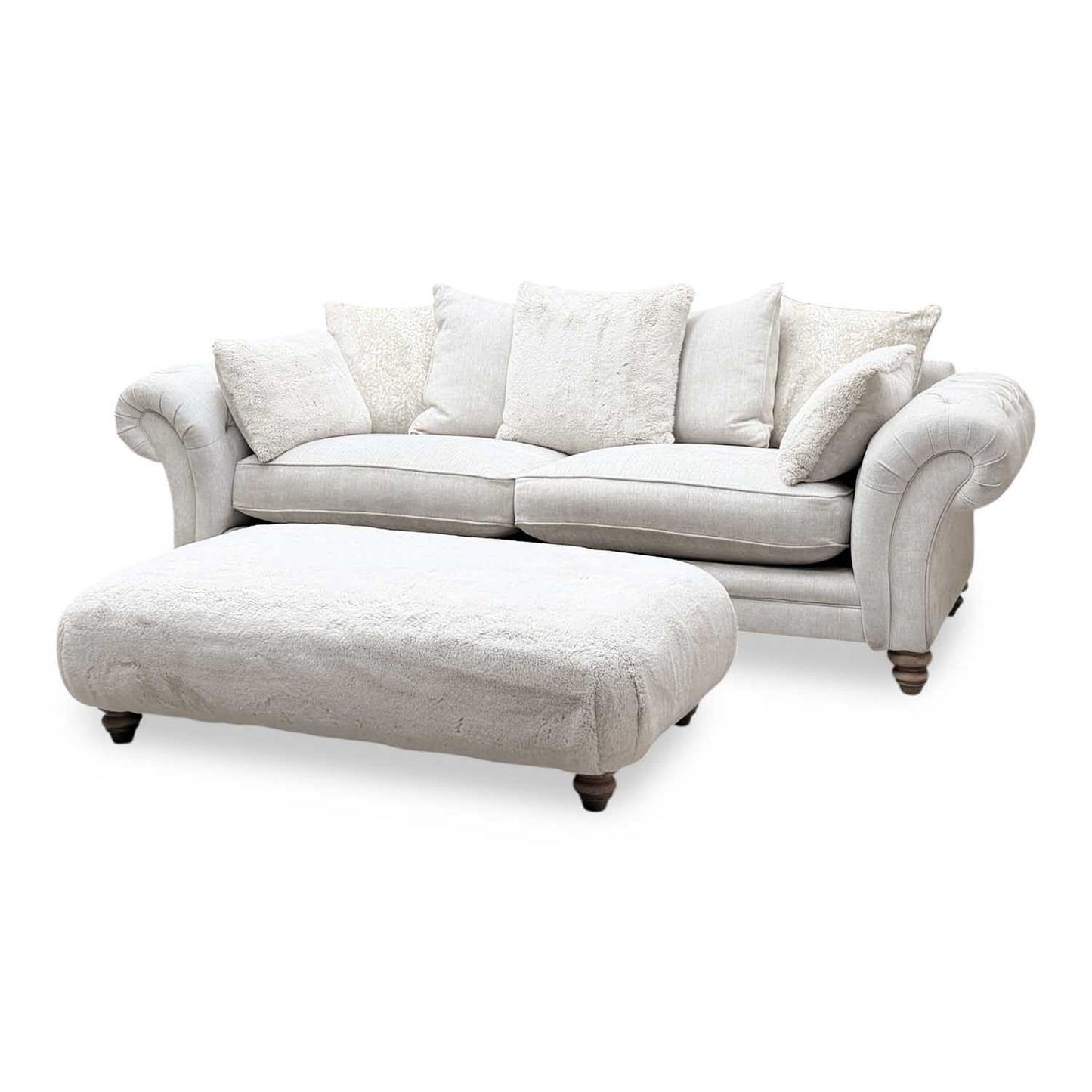‘Blenheim’ Darwin Ivory Fabric 4 Seater Scatter Back Sofa + Large Fur Footstool