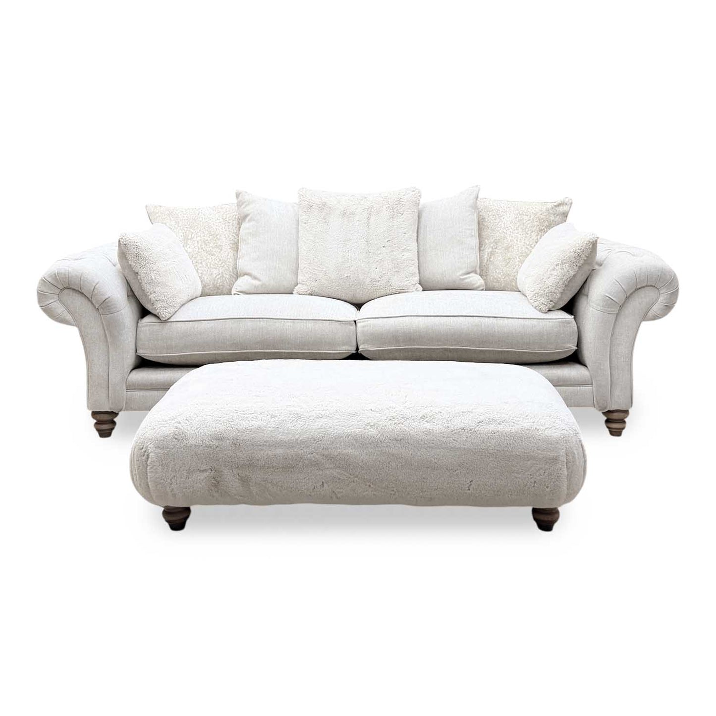 ‘Blenheim’ Darwin Ivory Fabric 4 Seater Scatter Back Sofa + Large Fur Footstool