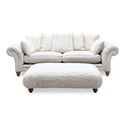 ‘Blenheim’ Darwin Ivory Fabric 4 Seater Scatter Back Sofa + Large Fur Footstool