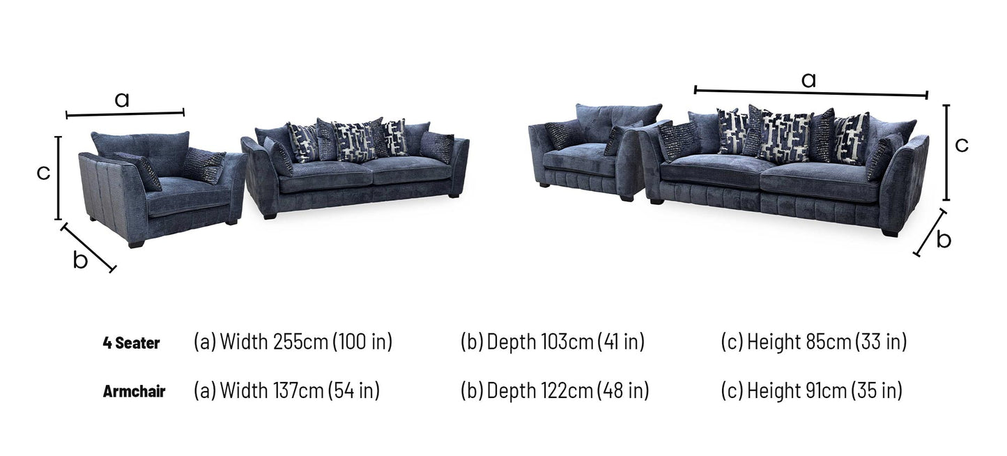 ‘Allure’ Coco Indigo Fabric 4 Seater + Snuggler Chair Scatter Back Split Frame Sofa Set Furniture Village
