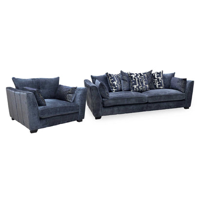 ‘Allure’ Coco Indigo Fabric 4 Seater + Snuggler Chair Scatter Back Split Frame Sofa Set Furniture Village