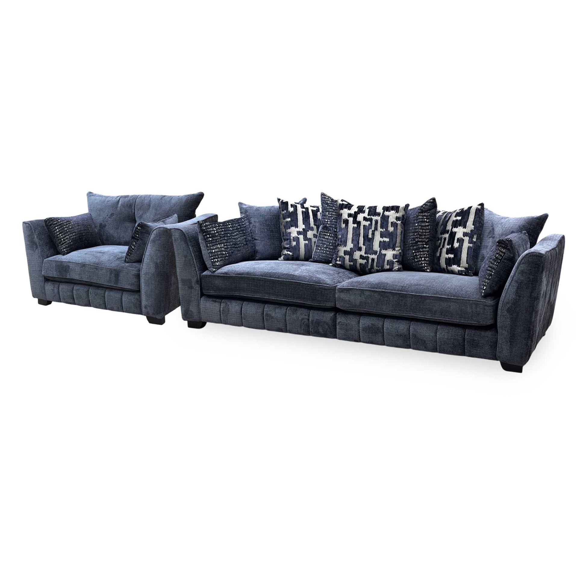 ‘Allure’ Coco Indigo Fabric 4 Seater + Snuggler Chair Scatter Back Split Frame Sofa Set Furniture Village