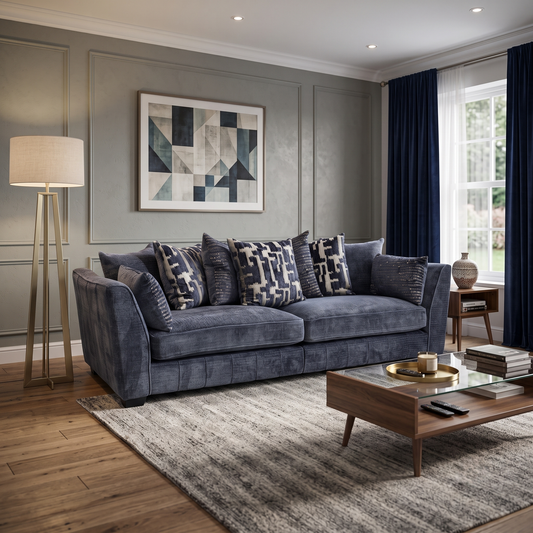 ‘Allure’ Coco Indigo Fabric 4 Seater Scatter Back Split Frame Sofa Furniture Village