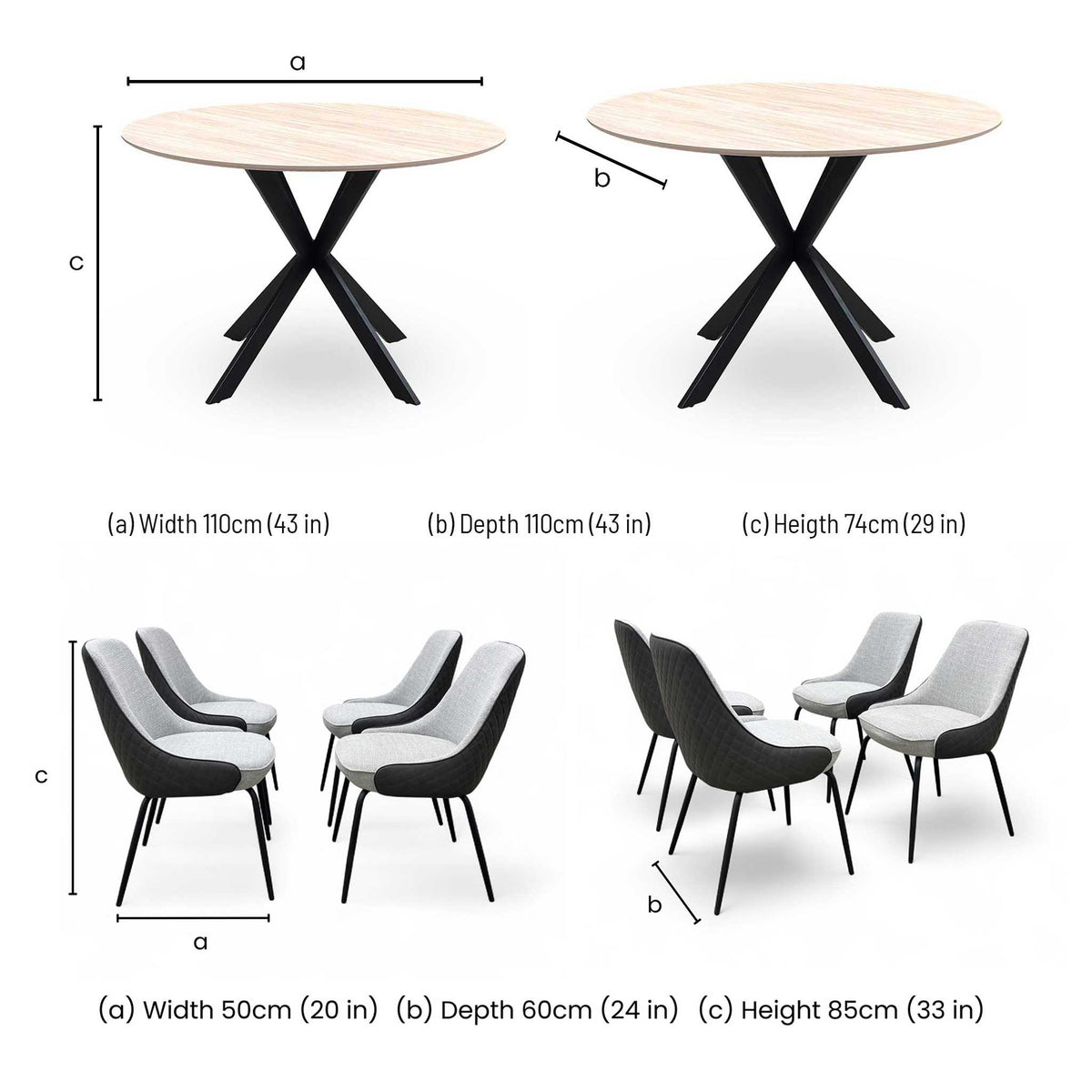 ‘Sadia’ Oak Veneer 110cm Round Dining Table with Grey Combination Dual Material Dining Chairs - Set of 4
