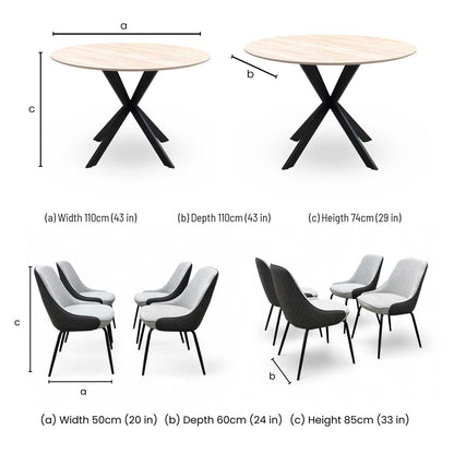 ‘Sadia’ Oak Veneer 110cm Round Dining Table with Grey Combination Dual Material Dining Chairs - Set of 4