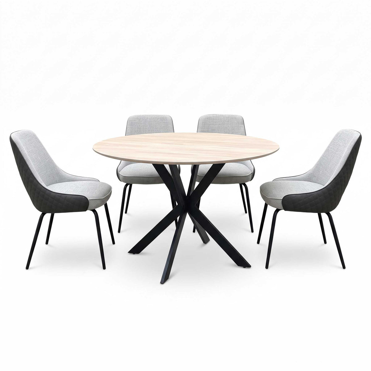 ‘Sadia’ Oak Veneer 110cm Round Dining Table with Grey Combination Dual Material Dining Chairs - Set of 4
