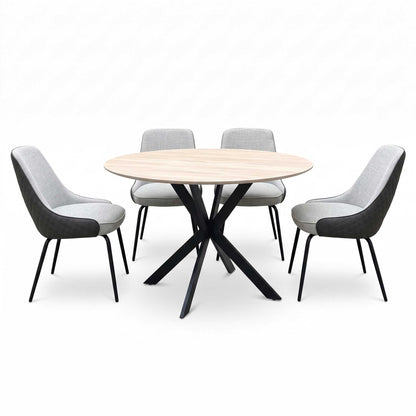 ‘Sadia’ Oak Veneer 110cm Round Dining Table with Grey Combination Dual Material Dining Chairs - Set of 4