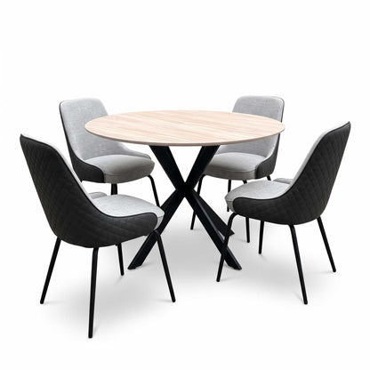 ‘Sadia’ Oak Veneer 110cm Round Dining Table with Grey Combination Dual Material Dining Chairs - Set of 4