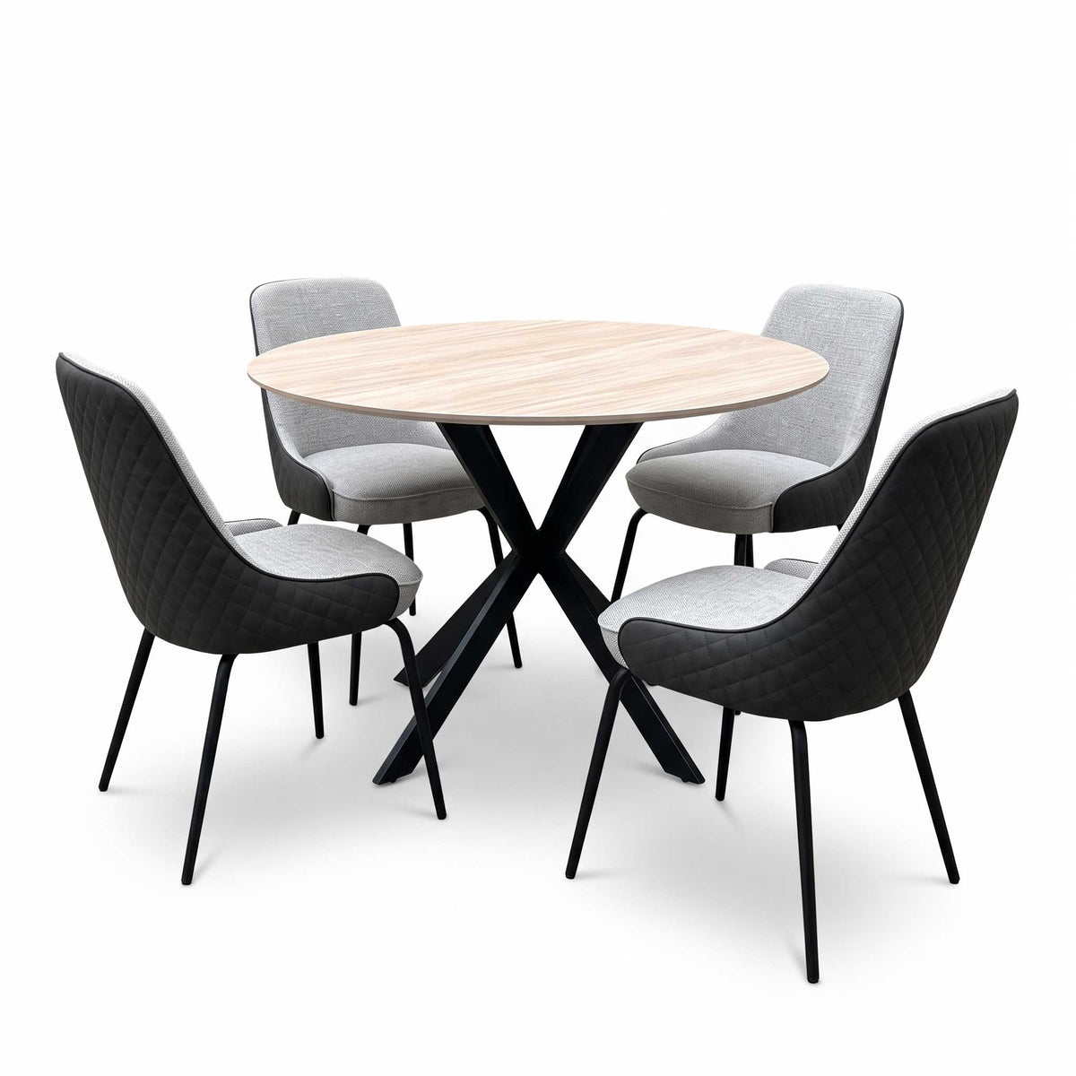 ‘Sadia’ Oak Veneer 110cm Round Dining Table with Grey Combination Dual Material Dining Chairs - Set of 4