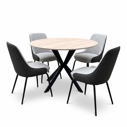‘Sadia’ Oak Veneer 110cm Round Dining Table with Grey Combination Dual Material Dining Chairs - Set of 4