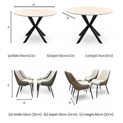 ‘Sadia’ Oak Veneer 110cm Round Dining Table with Biscuit Combination Dual Material Dining Chairs - Set of 4 Thornbrook (a Joseph James brand)