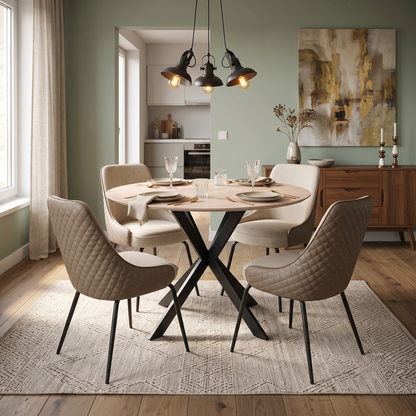 ‘Sadia’ Oak Veneer 110cm Round Dining Table with Biscuit Combination Dual Material Dining Chairs - Set of 4 Thornbrook (a Joseph James brand)