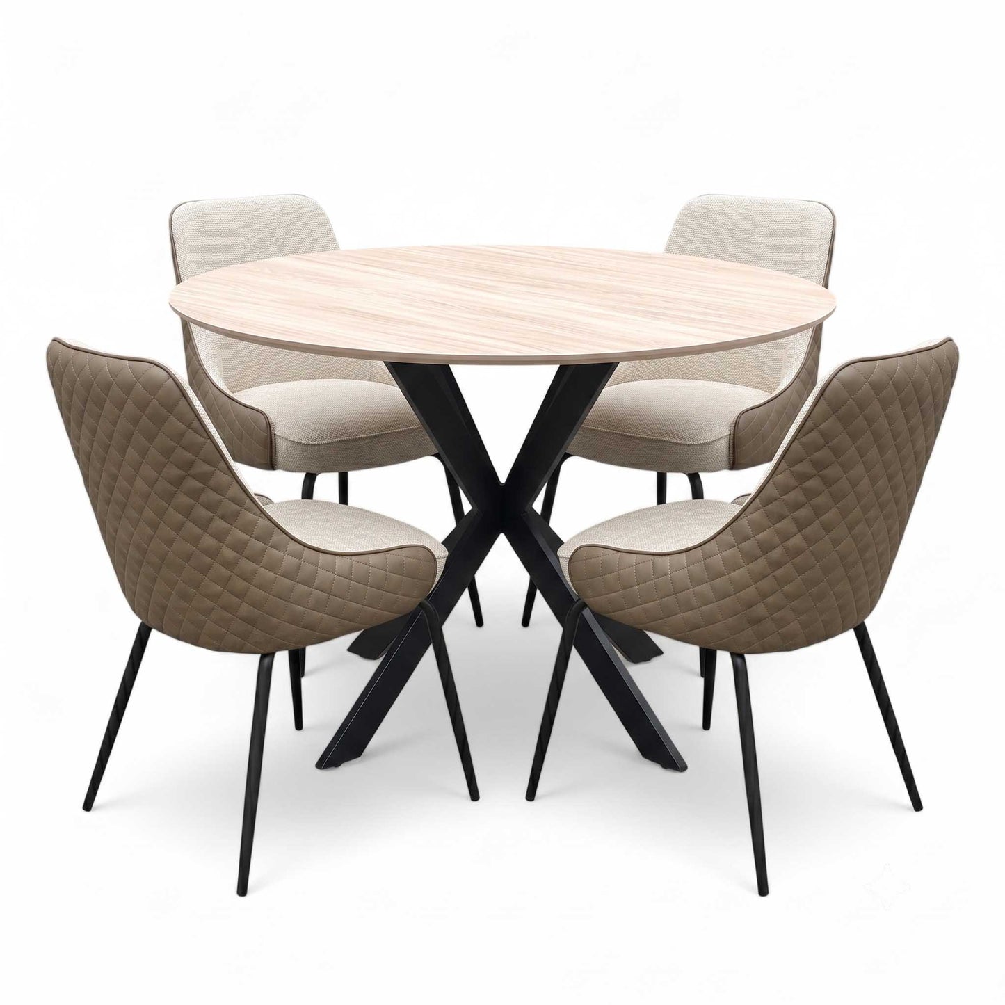 ‘Sadia’ Oak Veneer 110cm Round Dining Table with Biscuit Combination Dual Material Dining Chairs - Set of 4 Thornbrook (a Joseph James brand)