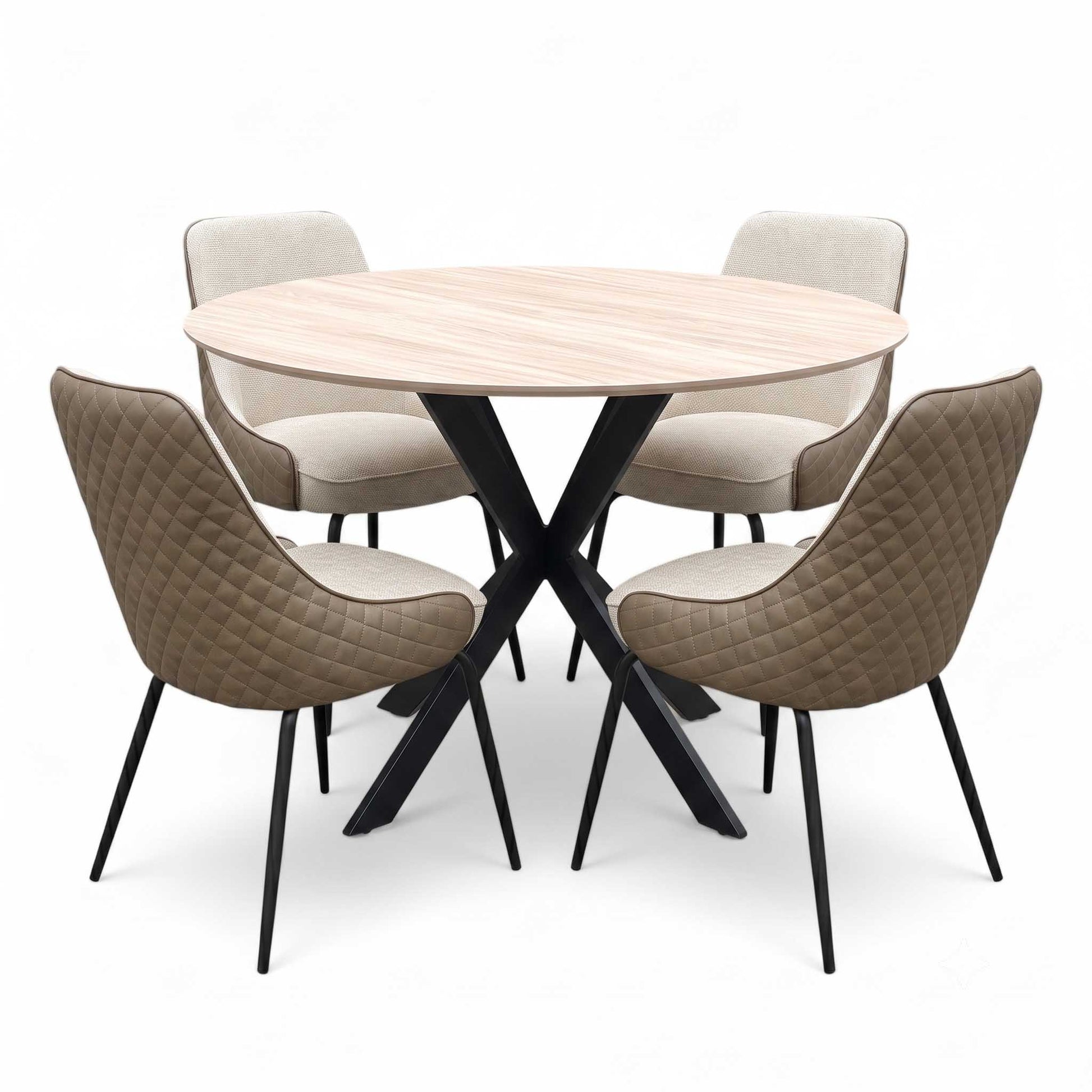 ‘Sadia’ Oak Veneer 110cm Round Dining Table with Biscuit Combination Dual Material Dining Chairs - Set of 4 Thornbrook (a Joseph James brand)