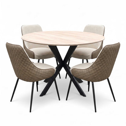 ‘Sadia’ Oak Veneer 110cm Round Dining Table with Biscuit Combination Dual Material Dining Chairs - Set of 4 Thornbrook (a Joseph James brand)