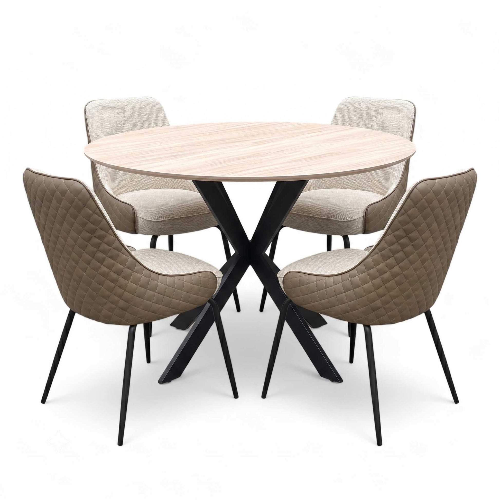 ‘Sadia’ Oak Veneer 110cm Round Dining Table with Biscuit Combination Dual Material Dining Chairs - Set of 4 Thornbrook (a Joseph James brand)