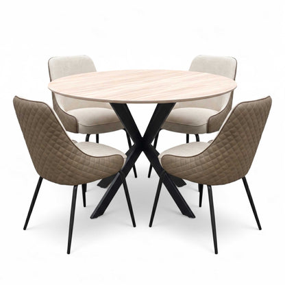‘Sadia’ Oak Veneer 110cm Round Dining Table with Biscuit Combination Dual Material Dining Chairs - Set of 4 Thornbrook (a Joseph James brand)