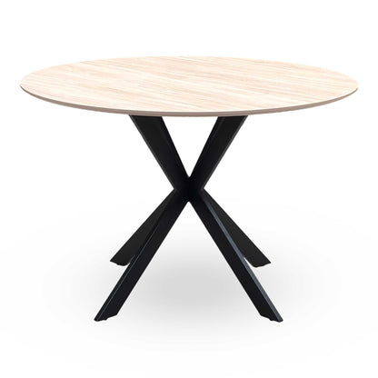‘Sadia’ Oak Veneer 110cm Round Dining Table with Biscuit Combination Dual Material Dining Chairs - Set of 4 Thornbrook (a Joseph James brand)