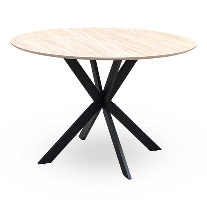 ‘Sadia’ Oak Veneer 110cm Round Dining Table with Biscuit Combination Dual Material Dining Chairs - Set of 4 Thornbrook (a Joseph James brand)