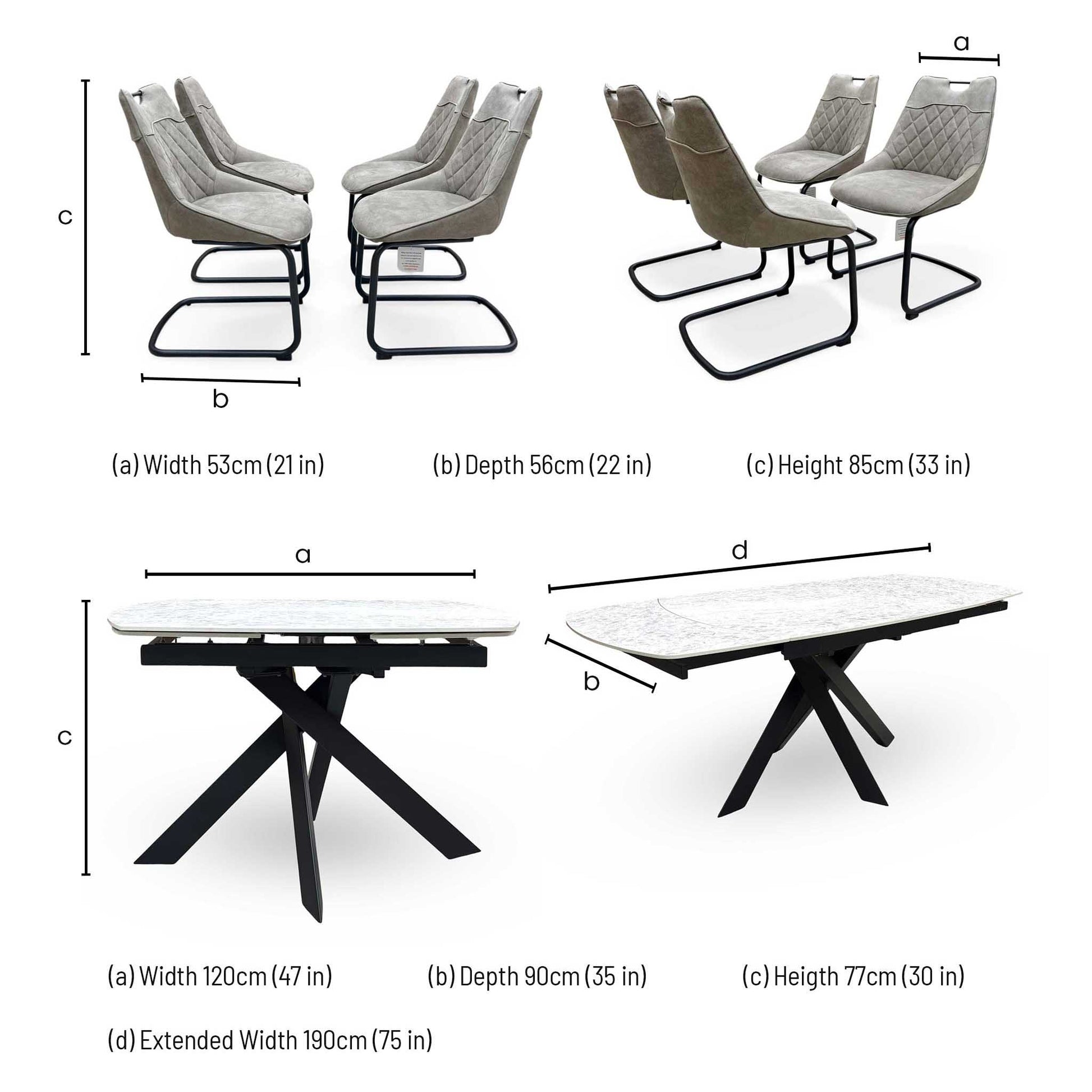 'Warrior' Crystal White Ceramic Top Swivel Extending Dining Table with Taupe Fabric Cantilever Dining Chairs - Set of 4 Furniture Village