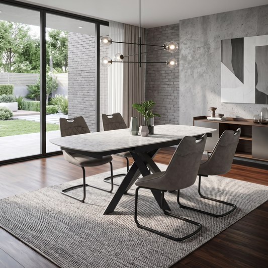 'Warrior' Crystal White Ceramic Top Swivel Extending Dining Table with Taupe Fabric Cantilever Dining Chairs - Set of 4 Furniture Village